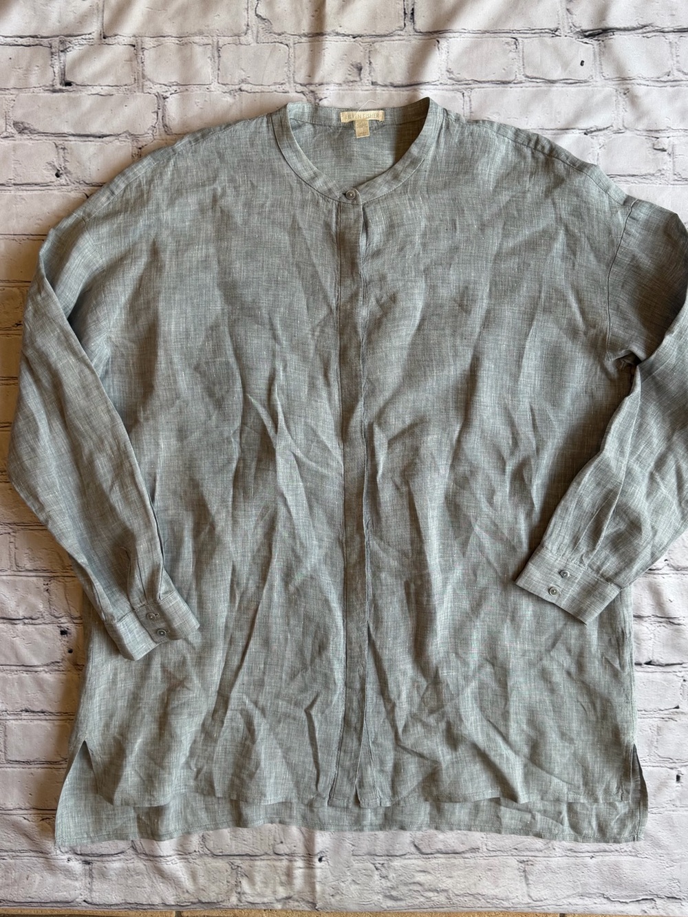 Eileen Fisher Tunic Top Women’s Button-Down Medium 100% Organic Linen Long Sleev
